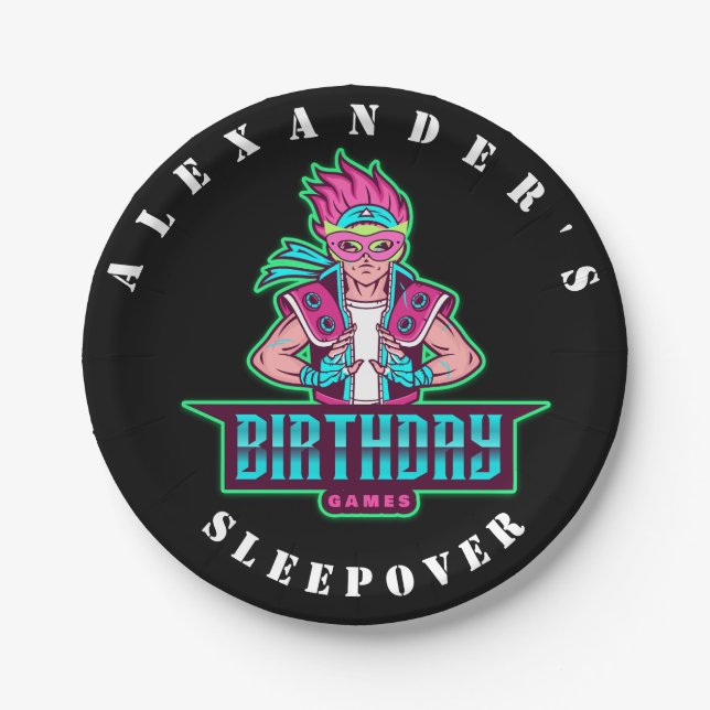 Superhero boy Green and pink mask Avatar Birthday Paper Plate (Front)