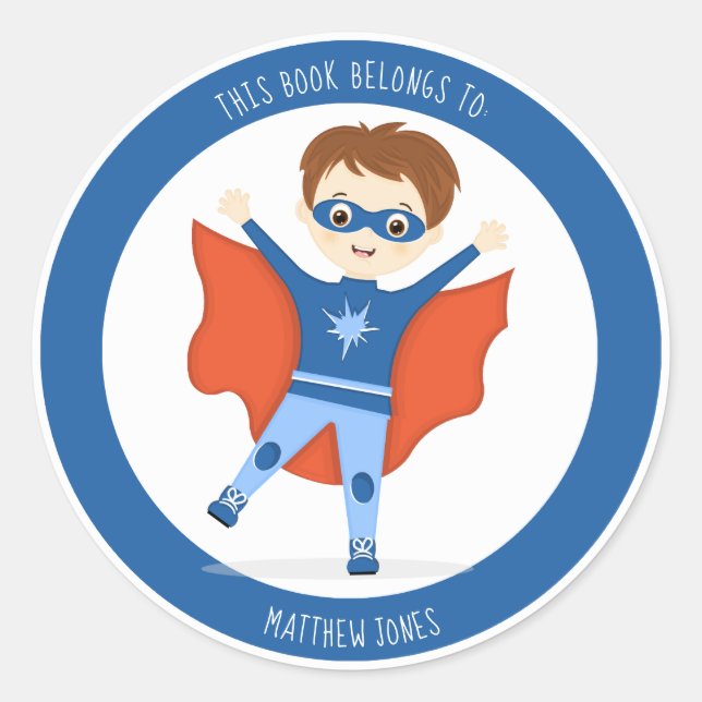 Superhero Boy This Book Belongs to Classic Round Sticker (Front)