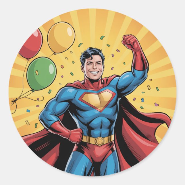 Superhero Boys Birthday Party Classic Round Sticker (Front)