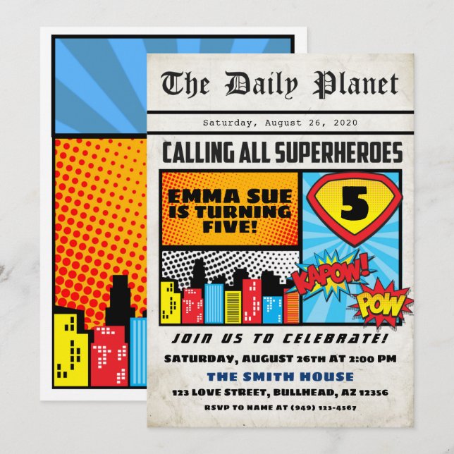 Superhero Boy's Newspaper Comic Style Birthday Invitation (Front/Back)