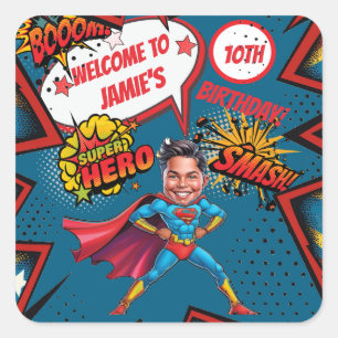 Superhero Caricature Action-Packed Boys Birthday  Square Sticker