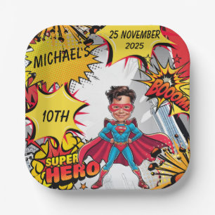 Superhero Caricature Party Cityscape  Paper Plate