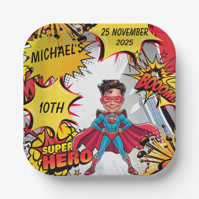 Superhero Caricature Party Cityscape  Paper Plate (Front)