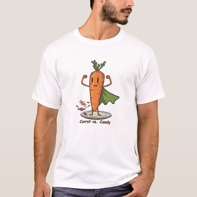 Superhero Carrot Vs Candy Fun T-Shirt (Front)