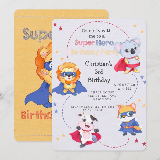 Superhero Cartoon Animals Boy Birthday Party Invitation (Front/Back)