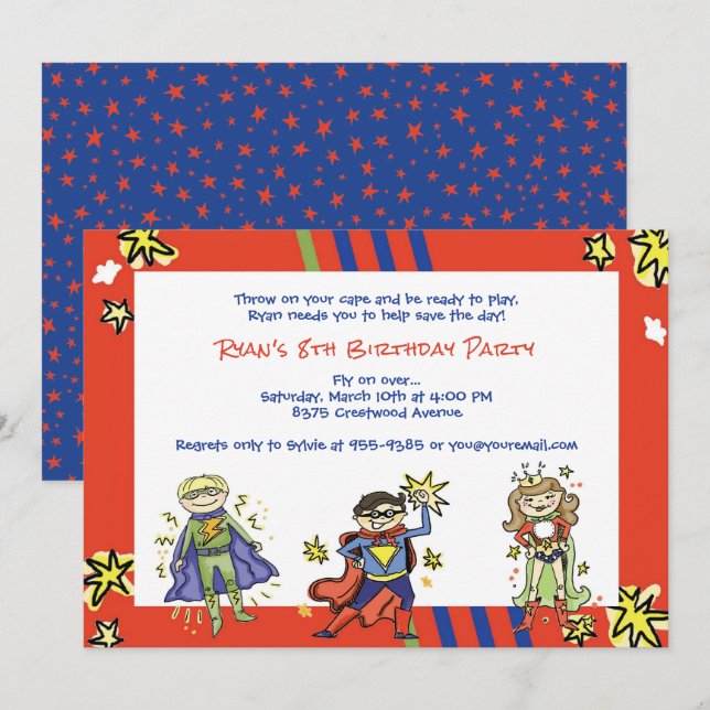 Superhero Comic Action Hero Boy in Cape Invitation (Front/Back)