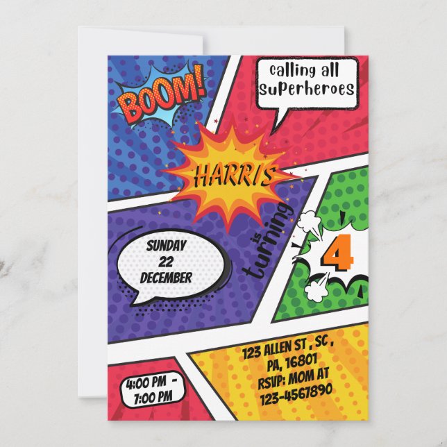 Superhero Comic Birthday Invitation for Boys (Front)