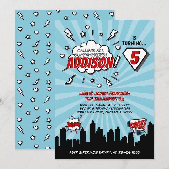 Superhero Comic Birthday Party Invitation (Front/Back)