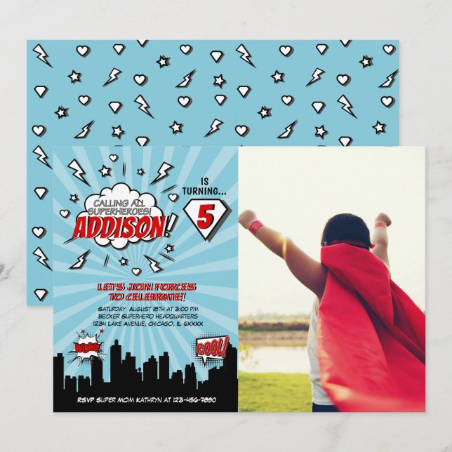 Superhero Comic Birthday Party Photo  Invitation (Front/Back)