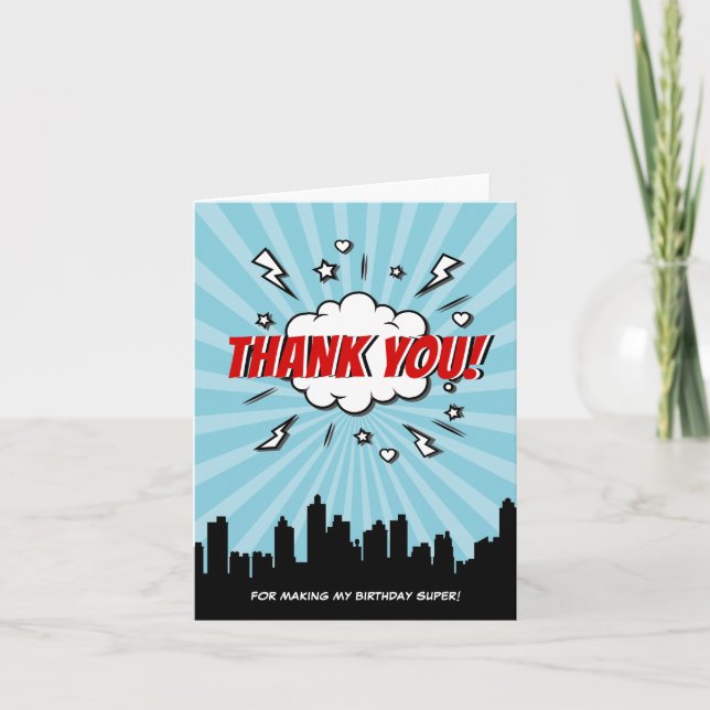 Superhero Comic Birthday Party Thank You Card (Front)