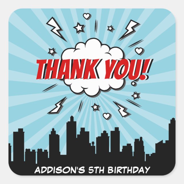 Superhero Comic Birthday Party Thank You Sticker (Front)