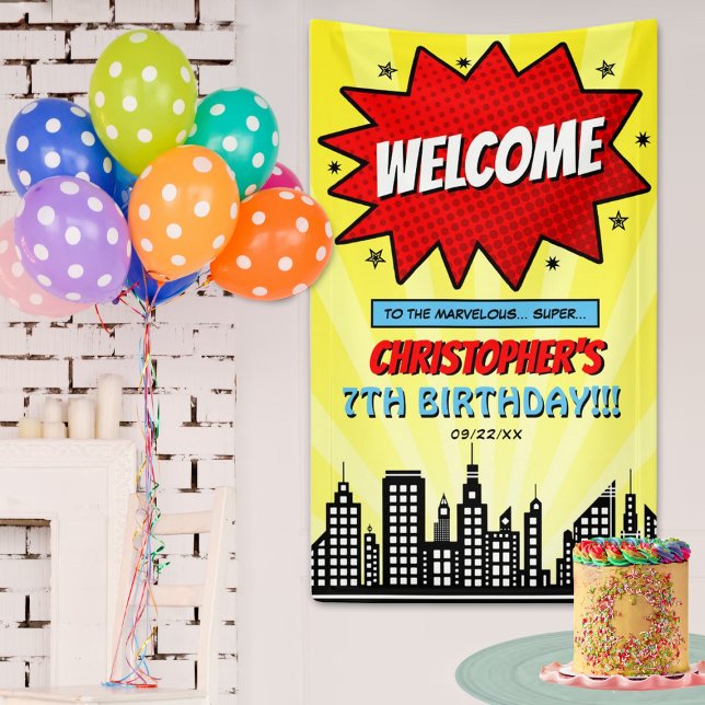 Superhero Comic Book Any Age Birthday Welcome Banner (Creator Uploaded)