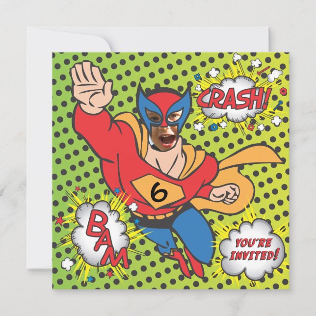Superhero comic book birthday party photo card (Front)