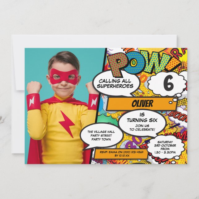 Superhero Comic Book Birthday Party Photo Invitati Invitation (Front)