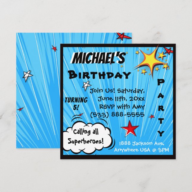 Superhero Comic Book Blue Birthday Party Invitation (Front/Back)