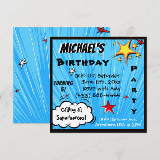 Superhero Comic Book Blue Birthday Party Invitation
