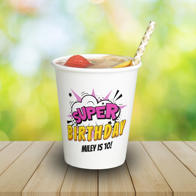 Superhero Comic Book Girl's Birthday Paper Cups (Super Birthday | Girl's superhero personalized party cups)