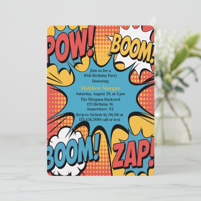 Superhero Comic Book Pop Art Boy Birthday Party Invitation (Standing Front)