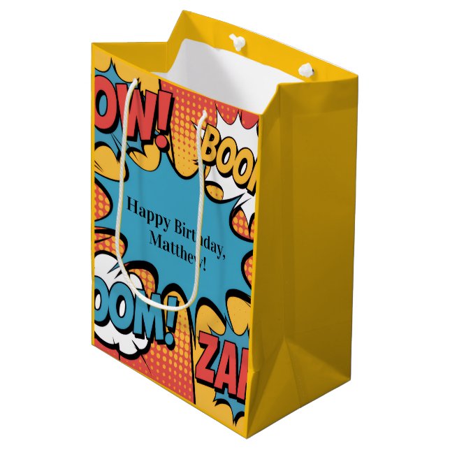 Superhero Comic Book Pop Art Boy Birthday Party Medium Gift Bag (Front Angled)