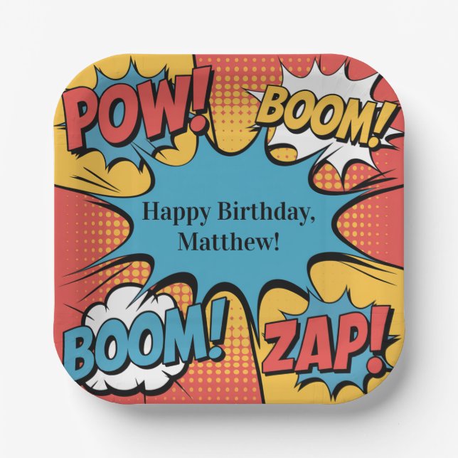 Superhero Comic Book Pop Art Boy Birthday Party Paper Plate (Front)