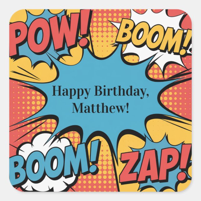 Superhero Comic Book Pop Art Boy Birthday Party Square Sticker (Front)