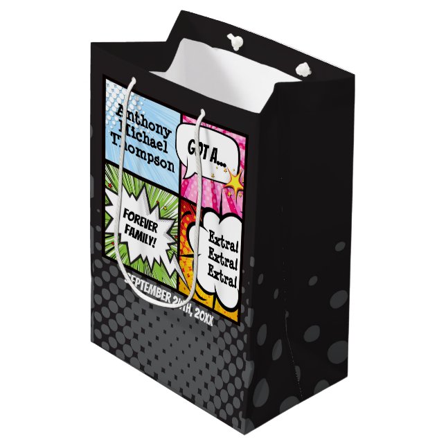 Superhero Comic Book Style Adoption Party Supplies Medium Gift Bag (Front Angled)