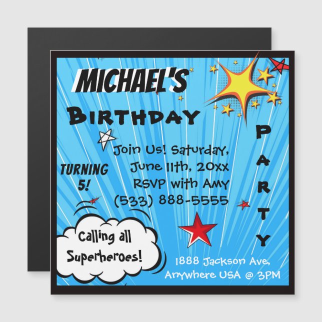 Superhero Comic Book Style Birthday Party Supplies Magnetic Invitation (Front/Back)