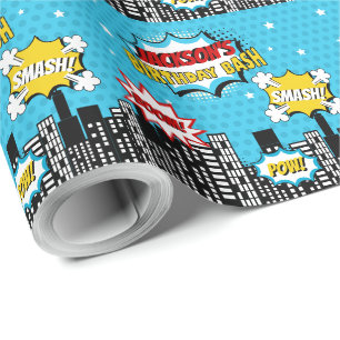 Superhero Comic Book Style Boy Birthday Blue Wrapping Paper