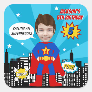 Superhero Comic Book Style Boy Birthday Photo  Square Sticker