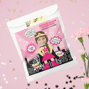 Superhero Comic Book Style Girl Birthday Photo  Favour Bags