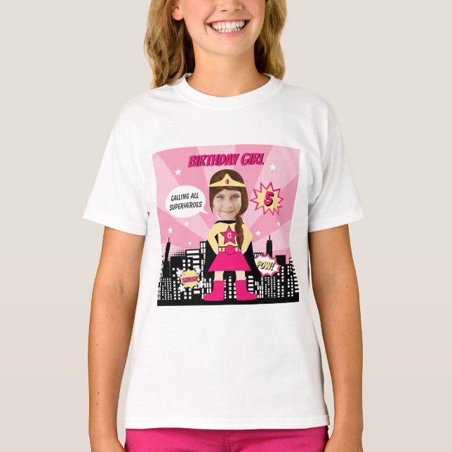 Superhero Comic Book Style Girl Birthday Photo  T-Shirt (Front)