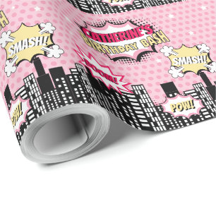Superhero Comic Book Style Girl Birthday Pink Wrapping Paper