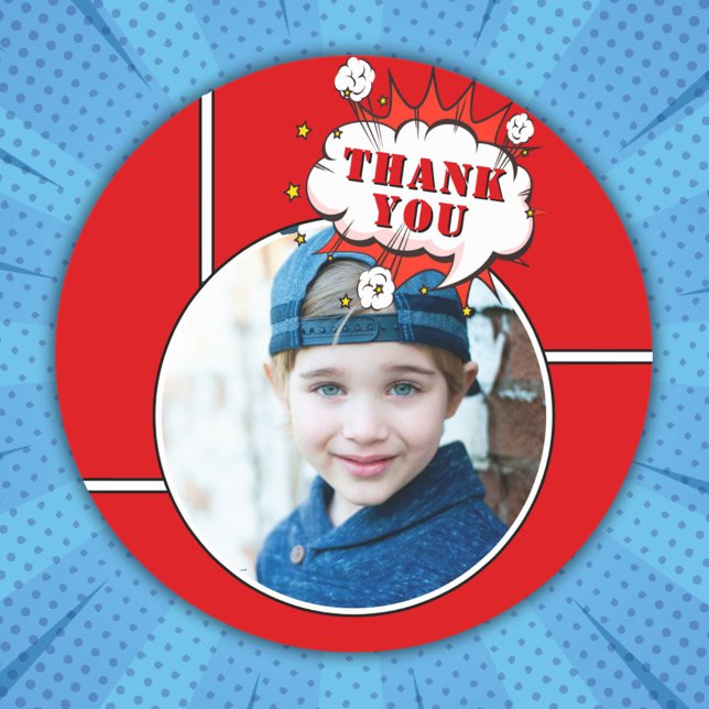 Superhero Comic Boy Birthday Photo Thank you Classic Round Sticker (Creator Uploaded)