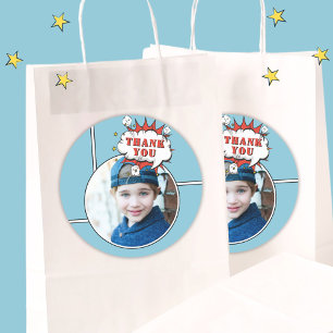 Superhero Comic Boy Birthday Photo Thank you Classic Round Sticker