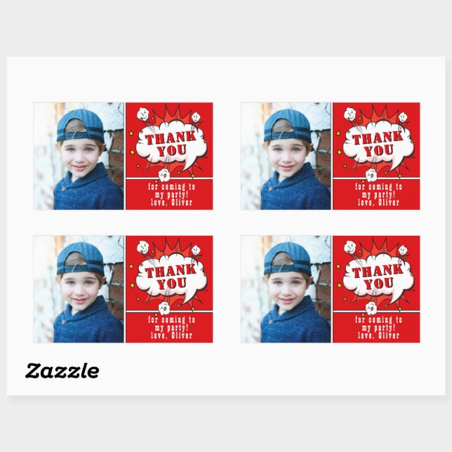 Superhero Comic Boy Birthday Photo Thank you Red Rectangular Sticker (Sheet)