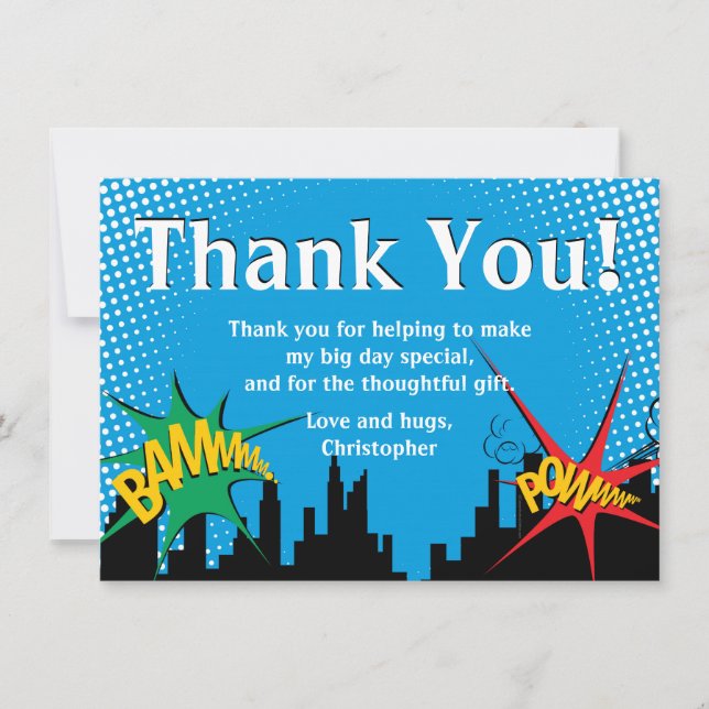 Superhero Comic Boy's Birthday Party Thank You (Front)