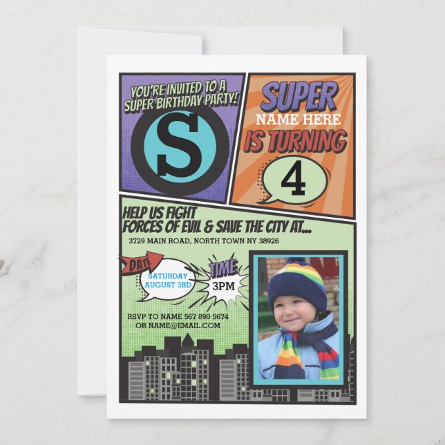 Superhero Comic Boy's Invitation Super Hero Invite (Front)