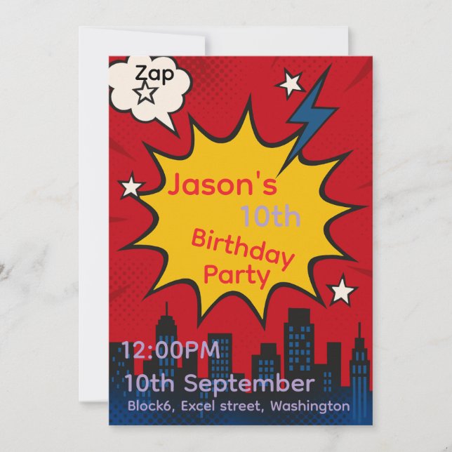 Superhero Comic City Birthday Invitation card (Front)