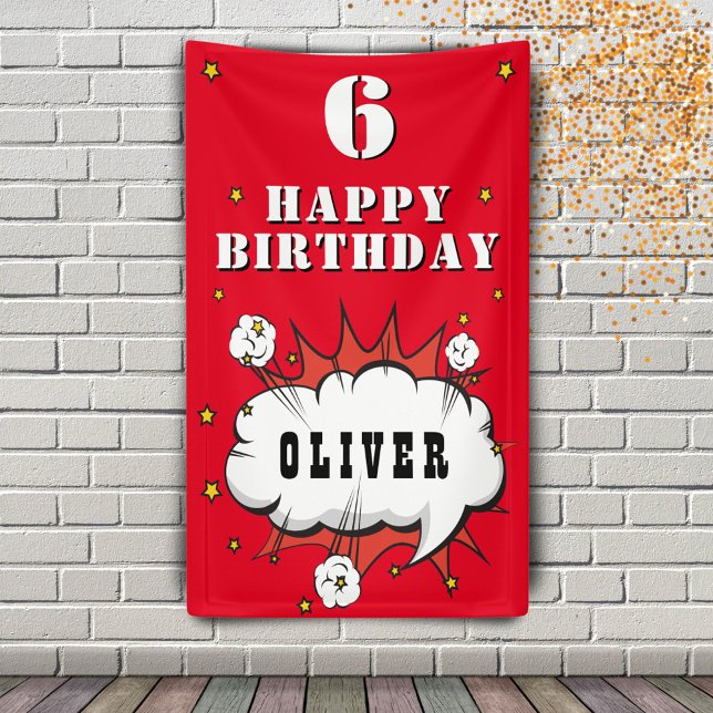 Superhero Comic Cloud Red Boy Birthday Party Banner (Creator Uploaded)