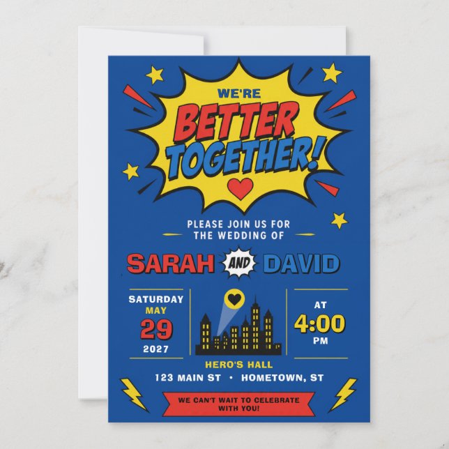 Superhero Comic Colourful Bold Blue Wedding Invitation (Front)