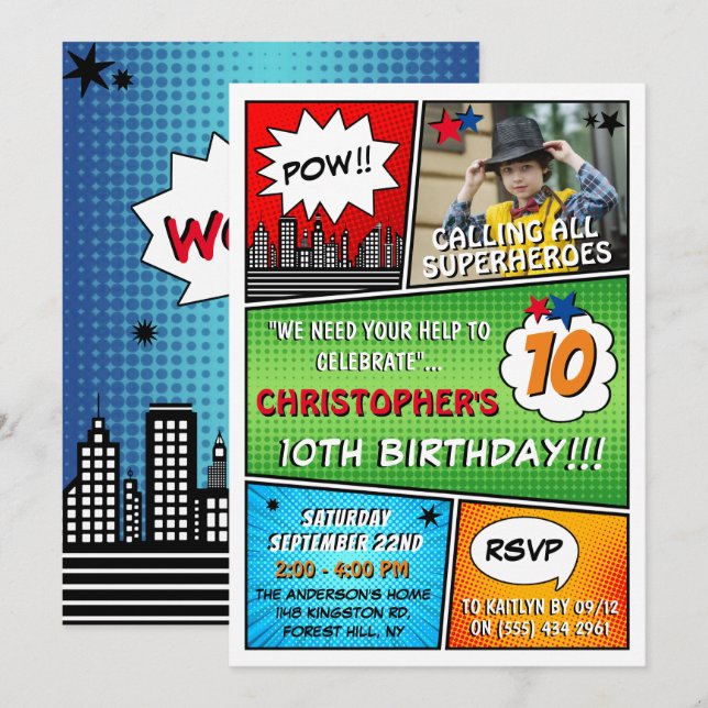Superhero Comic Photo Any Age Birthday Invitations (Front/Back)