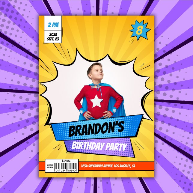 Superhero Comic Photo Yellow Boy Birthday Invitation (Superhero Comic Photo Yellow Boy Birthday Invitation Template)