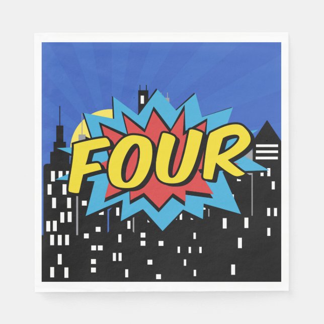 Superhero Comic Speech Bubble 4th Birthday Party  Napkin (Front)