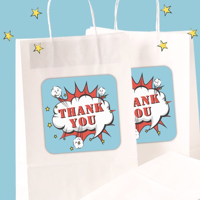Superhero Comic Speech Bubble Birthday Thank you  Square Sticker (Creator Uploaded)