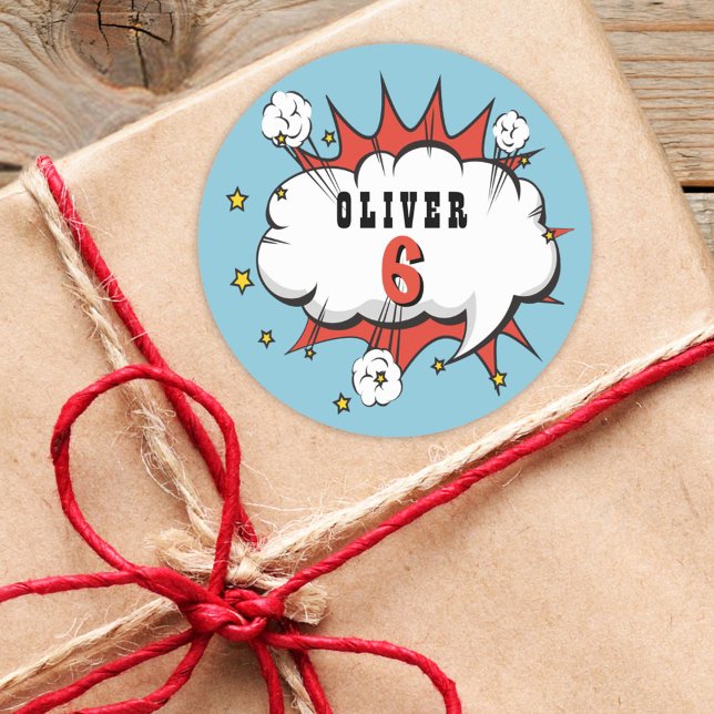 Superhero Comic Speech Bubble Boy Birthday  Classic Round Sticker (Creator Uploaded)