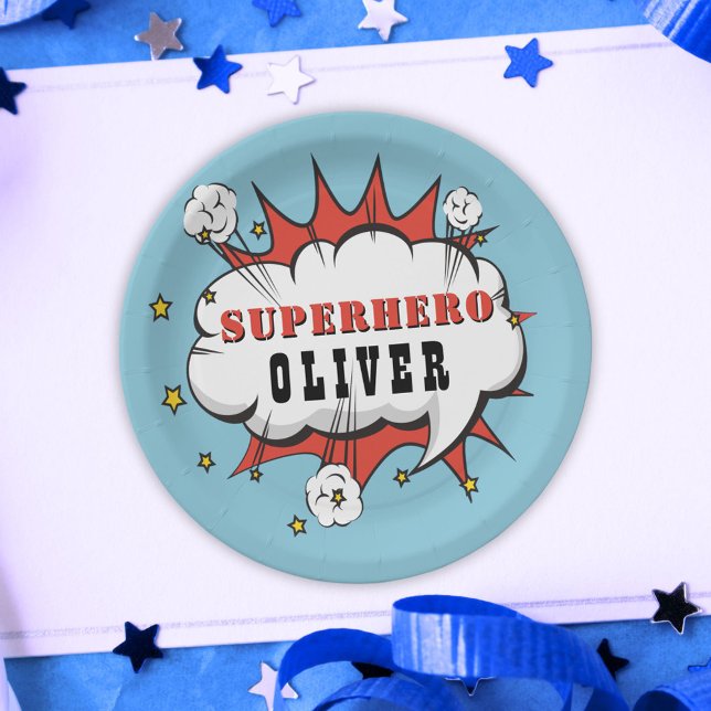 Superhero Comic Speech Bubble Boy Birthday Party Paper Plate (Creator Uploaded)