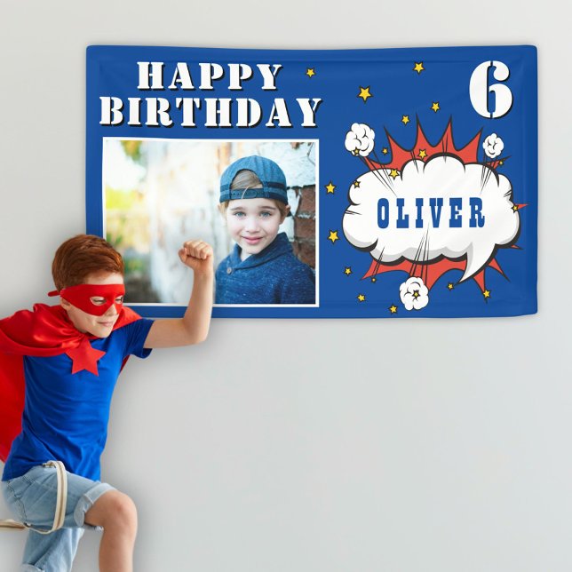 Superhero Comic Speech Bubble Boy Birthday Photo Banner (Creator Uploaded)