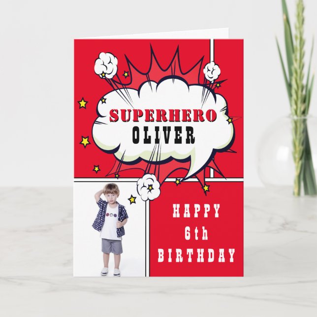 Superhero Comic Speech Bubble Boy Birthday Photo Card (Front)
