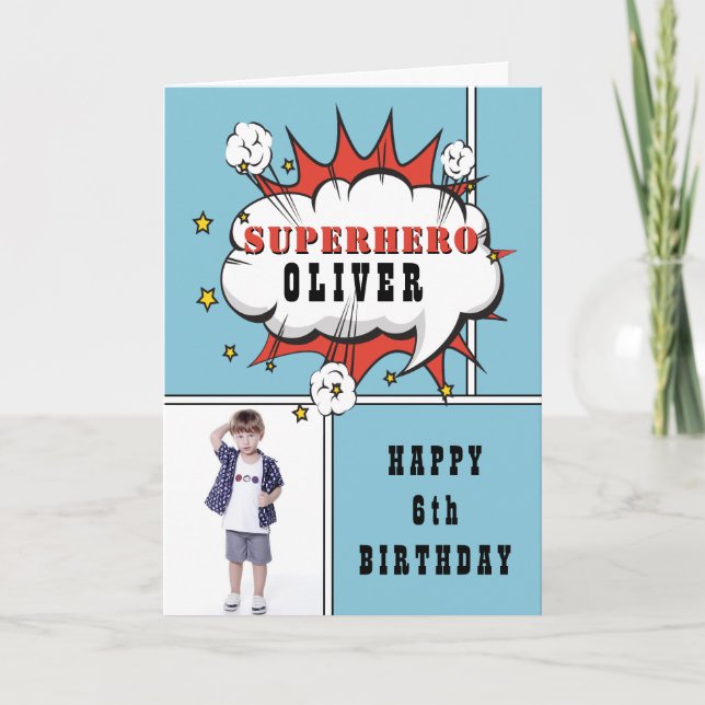 Superhero Comic Speech Bubble Boy Birthday Photo   Card (Front)