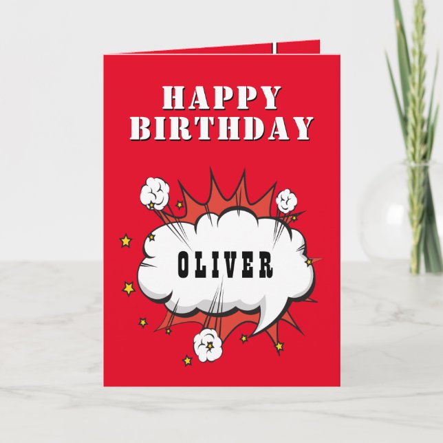 Superhero Comic Speech Bubble Boy Happy Birthday  Card (Front)